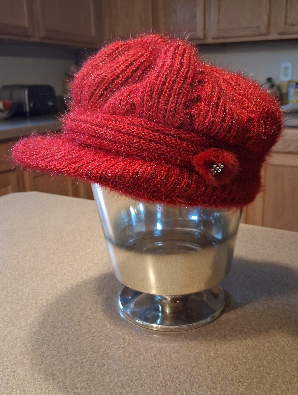 NEW Sparkle Red Knit Newsboy Cap with Decorative Button - Women